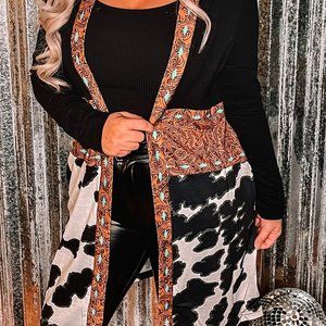 Black Western Pattern Cow Patchwork Open Front Cardigan LC2541430-2